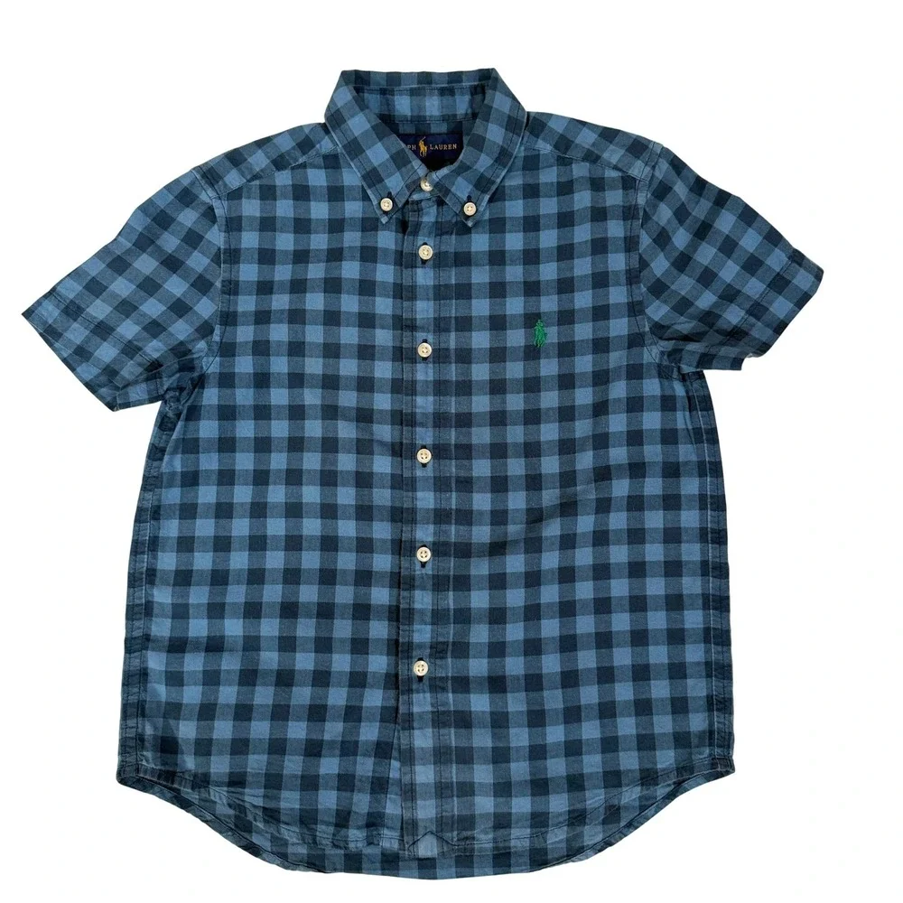 Kids Ralph Lauren Blue Gingham Plaid Button Down Shirt Size 6 Cotton‎
